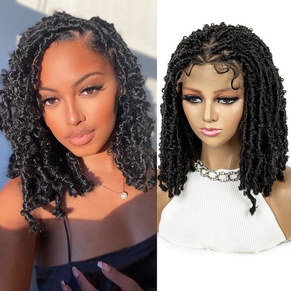 sedittyhair Braided Wigs for Black Women Double Full Lace Knotless Box Short Bob Dreadlock Braided Wigs Synthetic Lace Front Braided Wigs with Baby Hair Handmade Braided Wigs 14 inches (1B Color)