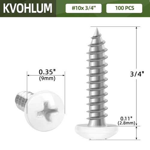 100 PCS #10 x 3/4" White Head Sheet Metal Screws, Pan Head Phillips Fast Self Tapping Screws, Carbon Steel Round Head Wood Screws, Screwdriver Bit Included