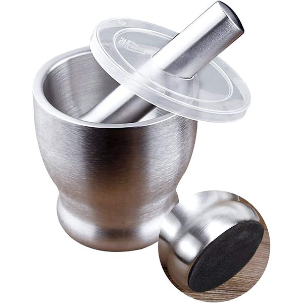 Mortar and Pestle Sets, CUGLB Food Safe Mortar and Pestle for Pills Spices Herbs with Lid,18/8 Steel Crusher Bowl