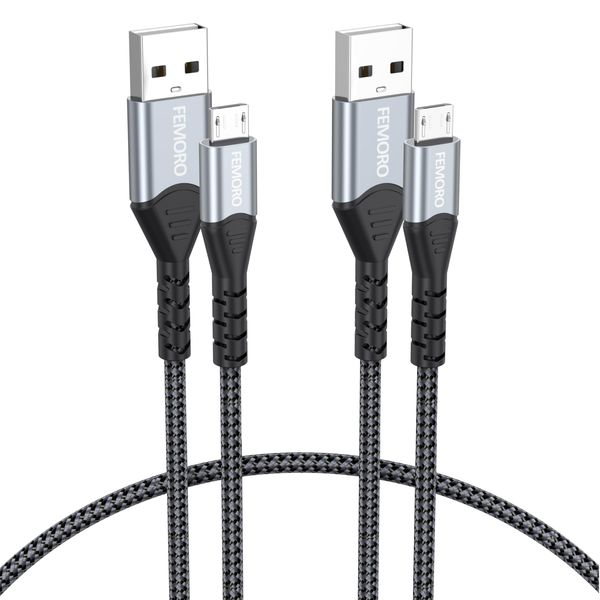 FEMORO Micro USB Cable 1ft Pack of 2 480Mbps Data Transfer & 12W Charging, MicroUSB 2.0 Charger Cord for PS4 Old Kindle Android Phones Raspberry Pi 3 and More