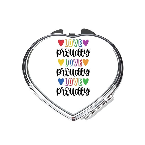 Love proudly colourful repeat LGBT pride statement compact pocket mirror - silver heart shape