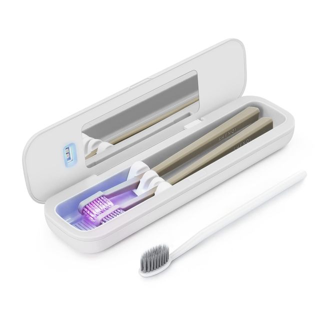 UV Toothbrush Sanitizer, ELMWAY Smart UV Toothbrush Sterilizer Travel Cutlery Fork Spoon, Portable USB Charging Toothbrush Cover with UV Light Sanitizer, Antibacterial Travel Toothbrush Holder (White)