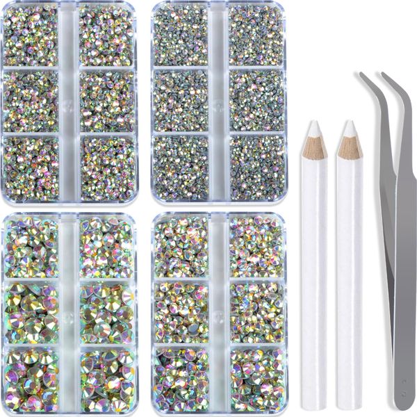 QOGIR 10000 Pieces 5 Mixed Size Clear AB Hotfix Rhinestones for Crafts Clothes Nail Art with Tweezers and Picking Rhinestones Pencil