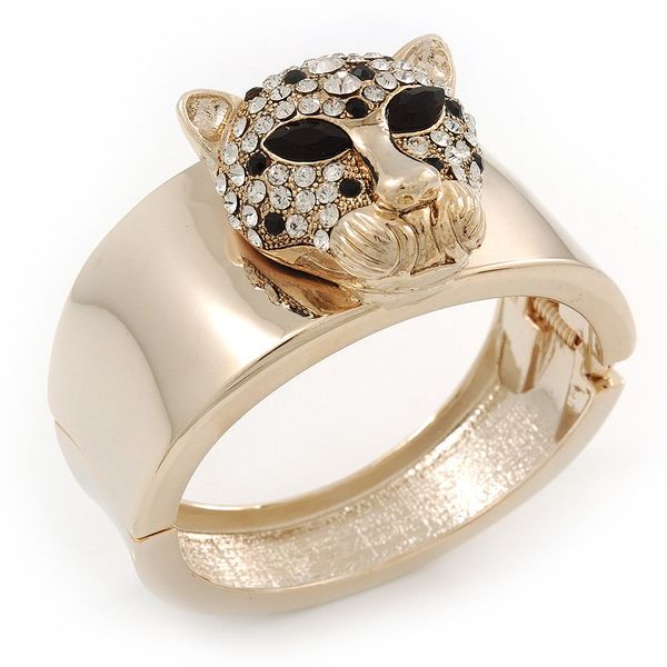 Avalaya Statement Clear/Black Crystal Tiger Head Hinged Bangle Bracelet In Gold Plating - Size M/L