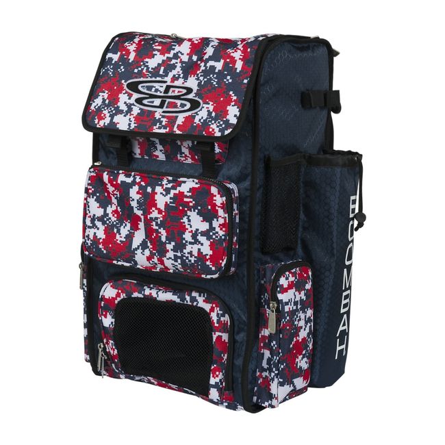 Boombah Superpack Bat Pack - Backpack Version (no wheels) - Holds 4 Bats - Camo Navy/Red - For Baseball or Softball