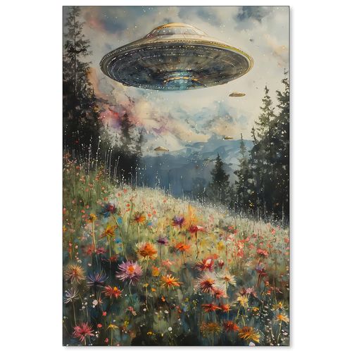 Haitunone UFO Surrealism Wall Art Trippy Eclectic Spaceship Posters Landscape Wildflower Meadow Canvas Prints for Living Room Bedroom Wall Decor 16X24 inch Unframed