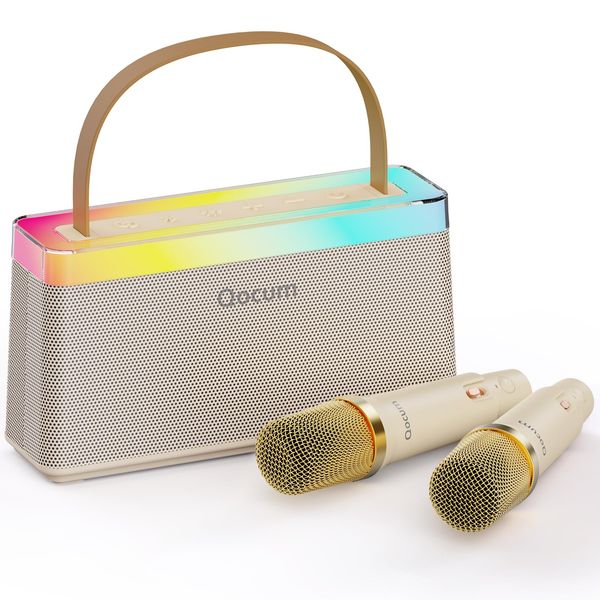 Qocum Kids' Karaoke Machine with Dual Stereo Speakers: Mini Karaoke Machine with 2 Wireless Microphones, Multiple Using Way, RGB Dance Light, Magic Voices, TWS Mode, Birthday Gifts for Kids Aged 4-12+