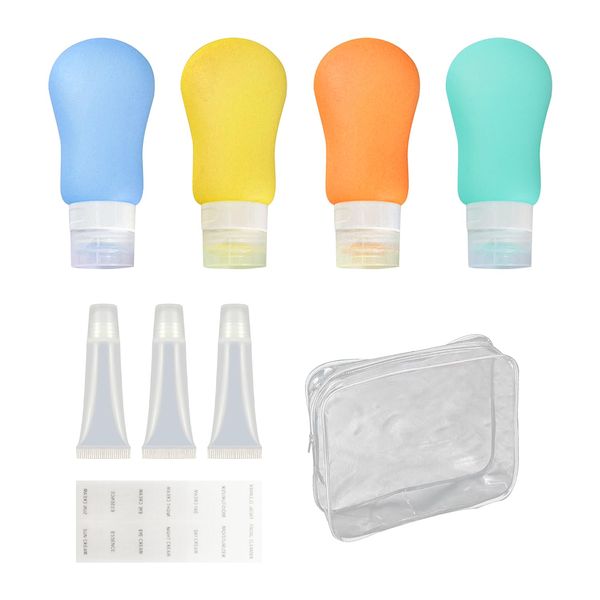 GVSAVY 4 x 100ml Silicone Dispensing Bottles with Labels, Travel Pouch and 3 x 10ml Tubes, Leak Proof Squeeze Containers, Reusable Travel Bottles for Makeup, Shampoo and More