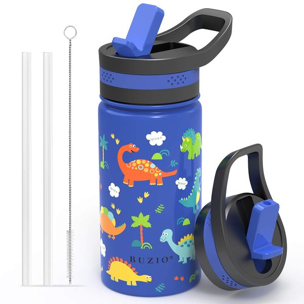 BUZIO Insulated Water Bottle for Kids, Toddler Water Bottle Insulated Modern Vacuum with 2 Straw Lids, 400ml Double Walled Wide Mouth Sports Drink Flask with Blue Dinosaur Park