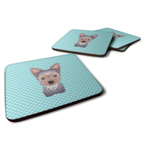 Caroline's Treasures Checkerboard Blue Yorkie Puppy Foam Coaster (Set of 4), 3.5" H x 3.5" W, Multicolor