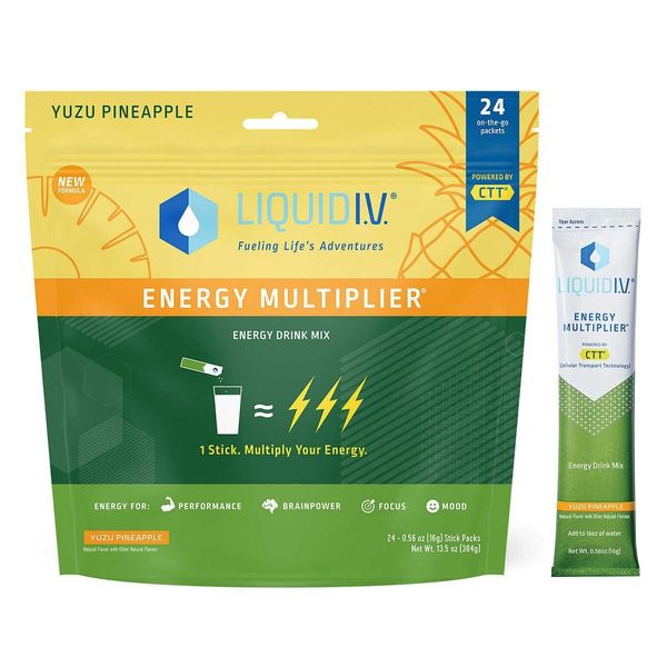 Liquid I.V. Energy Multiplier Yuzu Pineapple, 24 Individual Serving Stick Packs