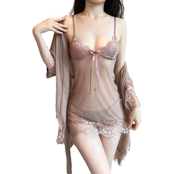 fourfivesix Haru Sexy Babydoll Underwear, Sheer Pajamas, Nightwear, Nightwear, Sleepwear, Lace, Slip, Nightwear, 3-Piece Set, Nightgown, Babydoll with T-back, A01 Khaki