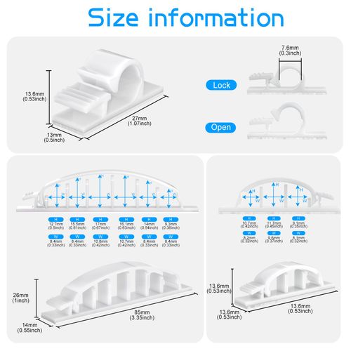 XHF 30pcs Adhesive Cable Wire Clips Kit White, Outdoor Cable Management Wire Organizer Cord Holder for Under Desk, Car, Wall, TV PC Ethernet Cable