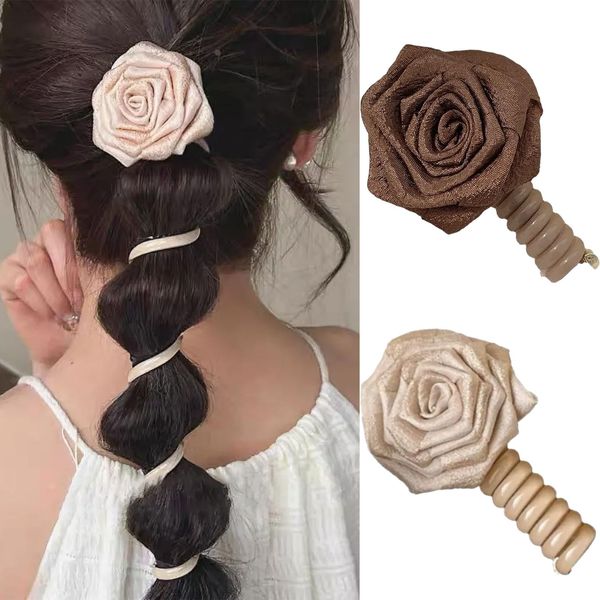 2 Pcs Braided Telephone Wire Hair Bands Dried Rose Flower Phone Cord Elastic Coils No Crease Elastic Coils Ponytail Braids Fixed Hair Rope Spiral Hair Ties(Beige, Coffee)