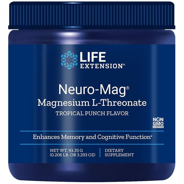 Life Extension, Neuro-Mag, Magnesium-L-Threonate, Minerals, Muscle Cramps, Tropical Punch, 93.35g Powder, Nutritional Supplement, Vegan, Gluten Free, Soy Free