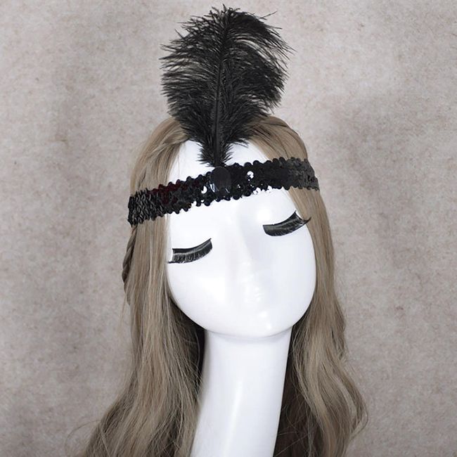 TseenYi Elastische Pailletten Stirnband Haarband Boho Pailletten Feder Kopfteil Haar krawatte Schmuck für Frauen und Mädchen Weihnachten Bühnenperformance (schwarz)