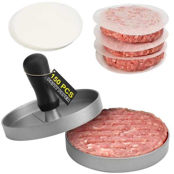 TACGEA Burger Press with 150 Patty Papers, Non-Stick Hamburger Patty Maker with Wax Paper, Aluminum Burger Maker for Kitchen BBQ Grill