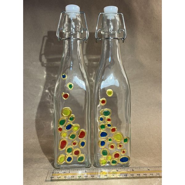 Whimsical glass olive oil and vinegar bottles with secure cap hand painted gift