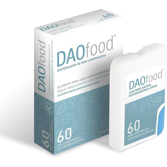 Daofood 60 mini-tablets. Dispenser. Diamine Oxidase DAO. Dao Deficiency.