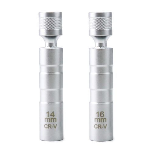 QWORK 14mm&16mm Magnetic Swivel Spark Plug Socket, Thin Wall Magnetic Rotating 3/8" Drive 12 Point Standard Spark Plug Socket Removal Tool 360-degree Rotation for Maximum Flexibility