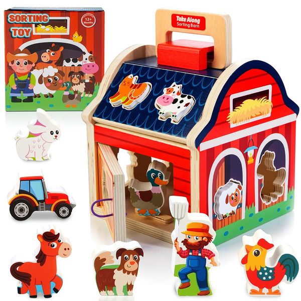 Farm Animals Toys for 1 2 3 Year Old Girls Boys, Wooden Take-Along Sorting Barn Toy with Door, Shape Sorter Wooden Blocks Baby Montessori Learning Toys, Christmas Birthday Gifts for Toddlers 1-3