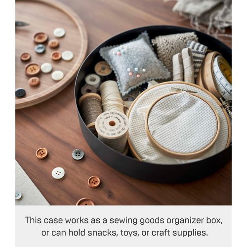 Yamazaki Home Rin Round Storage Case, Snacks, Toy, Or Craft Supplies Holder, Sewing Box Organizer, Wooden Lid Tray - Short - Steel + Wood