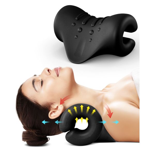 BLABOK Neck and Shoulder Relaxer,Portable Cervical Traction Device Neck Stretcher,Neck Posture Corrector Chiropractic Pillow for TMJ Pain Relief and Cervical Spine Alignment(Black)