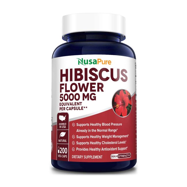 Hibiscus Flower 5000 mg 200 Vegetarian Caps (Non-GMO & Gluten Free) Rich Antioxidants, Heart-Healthy, Boosts Immune Function, Gentle Laxative