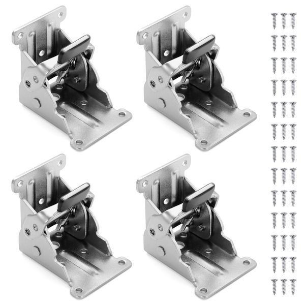 Moendergo 4PCS Table Leg Folding Brackets, 90° Folding Furniture Leg Hinges with Screws, Foldable Hinge Hardware, Self-Lock Extension Collapsible Shelf Bracket, Support for Work Bench (90° Silver)