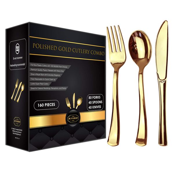 JL Prime 160 Piece Gold Plastic Silverware Set, Re-Usable Recyclable Plastic Cutlery, Gold Plastic Utensil, 80 Forks, 40 Spoons, 40 Knives, Great for Wedding, Anniversary, Rehearsal, Shower Events