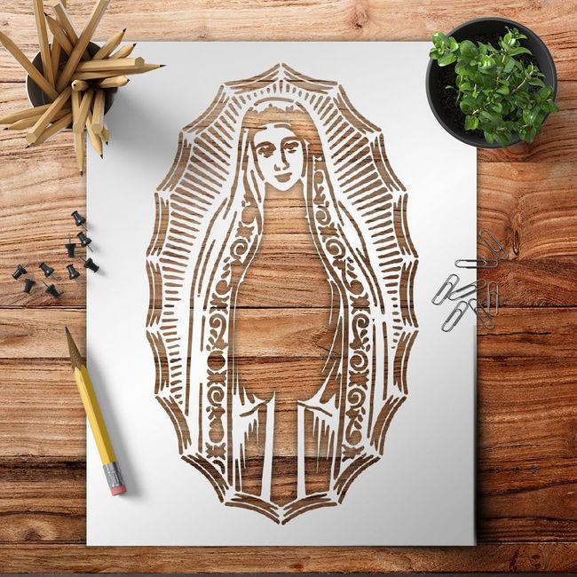 Virgin Mary Blessed Mother - Stencil Template Reusable - 8.5 x 11 Inches for Painting on Walls, Wood, Glass, Scarpbooking, Arts and Crafts, DIY - LIONX