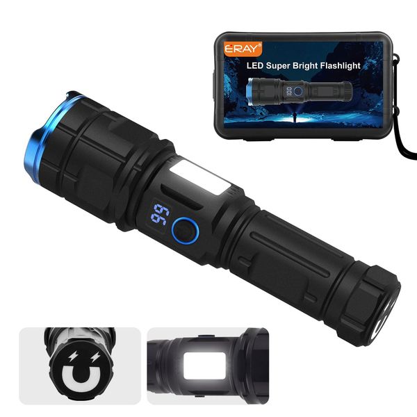 ERAY LED Super Bright Torch, USB Rechargeable Waterproof Tactical Flashlight 7 Modes High Lumens Powerful Flashlights, Zoomable Torches with Power Display & USB Output for Emergency Hiking Camping