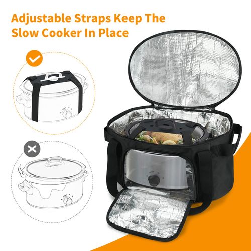 ZIOZERTT Slow Cooker Carrying Bag Compatible with 6-8 Quart CrockPot and Hamlton Beach,Double-Layer Insulated Carrier Case with Lid Fastener and See-through Window,Bag Only
