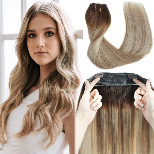 Ugrace Hair Wire Hair Extensions Real Human Hair Balayage Light Brown to Ash Brown and Bleach Blonde 18 inch 90g Transparent Invisible Fish Line Straight Clip in Human Hair Extensions for Women