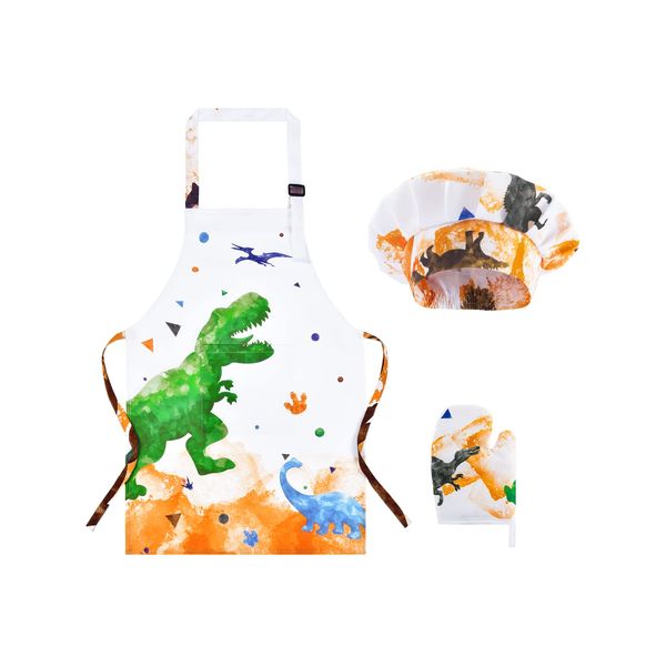 WERNNSAI Dinosaur Apron Set - Waterproof Chef Artist Cooking Aprons for Kids Boys Toddler Kitchen Apron with Adjustable Strap Pocket Chef Hat and Mittens for Baking Painting (Extra Small, 2-5 Years)