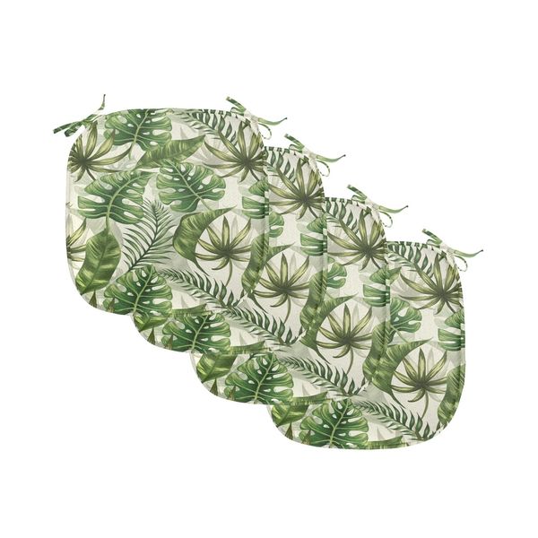 Lunarable Tropical Chair Seating Cushion Set of 4, Rainforest Island Jungle Foliage Pattern Green Leaves Retro Nature, Anti-Slip Seat Padding for Kitchen & Patio, 16"x16", Green Olive Green Cream