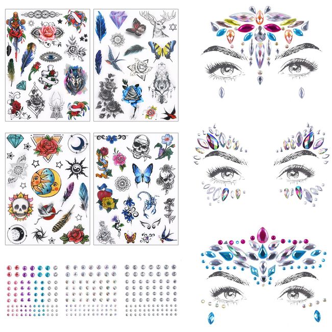 10 Sets Strasssteine Gesicht glitzersteine gesicht selbstklebend Temporäre Tattoos Halloween Festival Glitter steine gesicht selbstklebend Juwelen Kristalle Strasssteine Gesicht Aufkleber Augenbraue