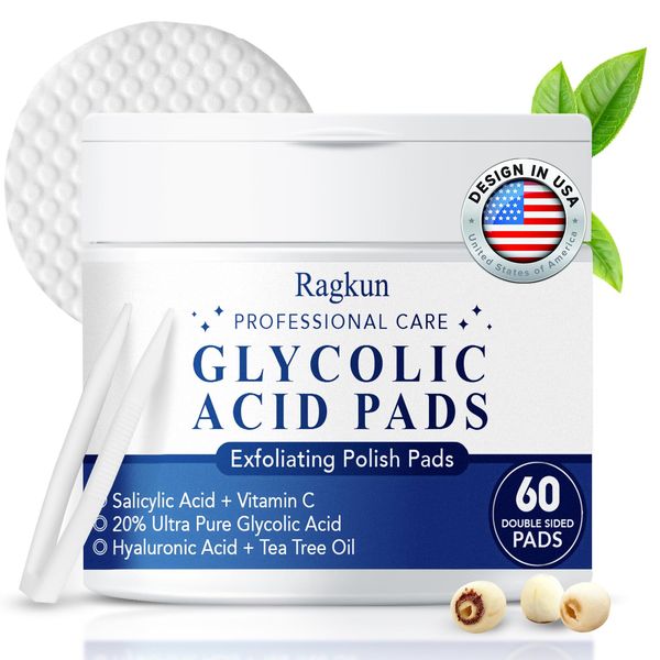 Ragkun Glycolic Acid Pads, Exfoliating Pads with Salicylic Acid, Toner Pads for Face with Vitamins C, Face Pads with Tea Tree Oil Facial Radiance Pads with Deep Cleaning Effect, 60 Pads