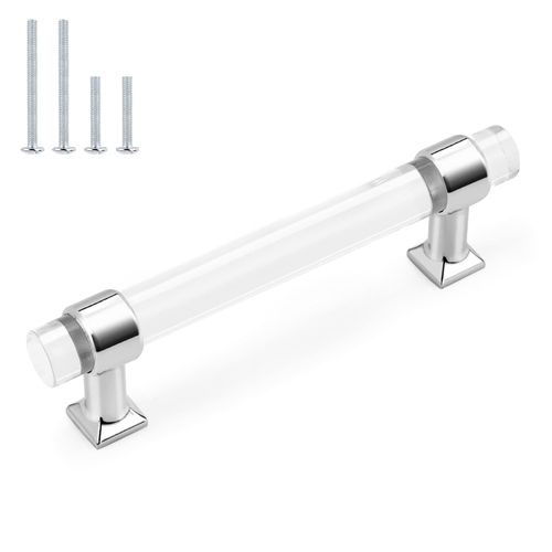 Probrico 10 Pack Zinc Alloy with Clear Acrylic Cabinet Handles 4 Inch Hole Center Drawer Pulls Modern Polished Chrome Cabinet Pulls for Kirtchen and Bathroom Cabinets