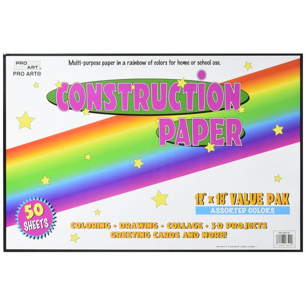 Pro Art PRO-0650-05 Construction Paper 50 Assorted Color Sheets Per Pack, 12" x 18"