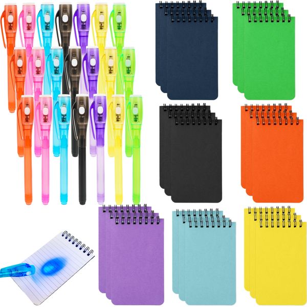 Hoarost 42 Pcs Secret Party Favors Includes 21 Pcs Invisible Ink Pen with UV Light and 21 Pcs Mini Spiral Notebook for Secret Message Themed Party Game Prizes Goodie Bag Fillers