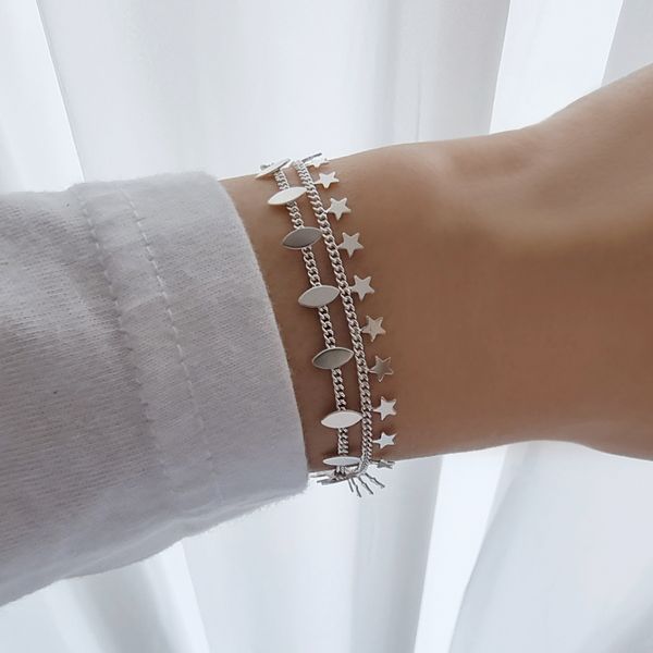 925 Silver Oval Chip Chain Bracelet Layered Silver Bracelet