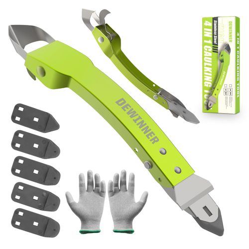 4 in 1 Silicone Caulking Tool Kit, DEWINNER Grout Scraper Set, Sealant Finishing Smoothing Removal with Pads, Glue Angle Caulk Remover for Home Kitchen Bathroom Floor Corner, Yellow (DE-TA282)