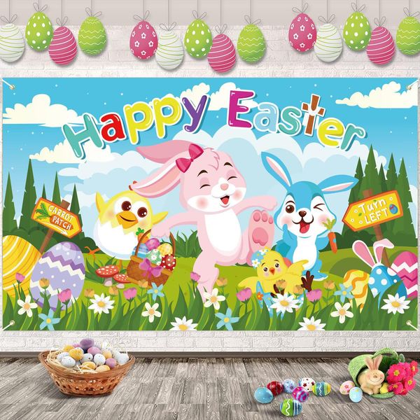Easter Backdrop Happy Easter Banner Easter Decorations 82inchs x 59inches Easter Party Decorations Indoor Outdoor Spring Decorations