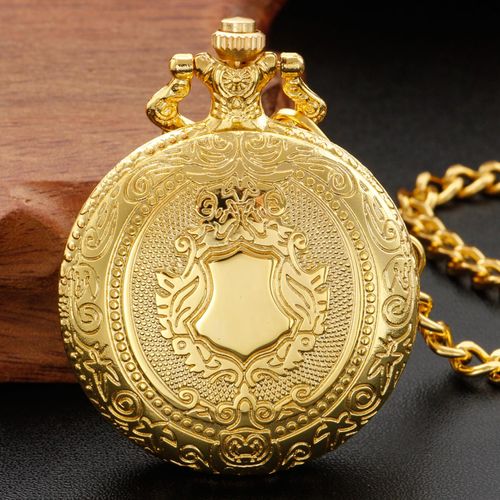 Realpoo Gold Shield Men's Pocket Watch, Arabic Numeral Digital Scale Men's Quartz Pocket Watch, Men's Quartz Pocket Watches with Chain-Gold