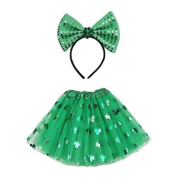 St. Patrick's Party Headband Hair Hoop and Veil Decorative Skirt Set, Green bow Headband Hair Band With Sequins Glitter Shamrock Clover Four leaf clover Hair Accessories Headdress for St. Patrick's Party Supplies