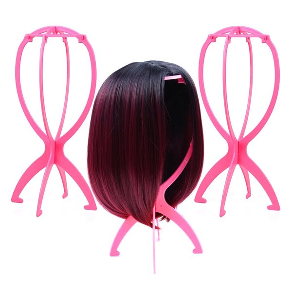 EOOCET Wig Stand, Portable Collapsible Wig Holder Wig Head Stand for Multiple Wigs, Durable Display Stand Tool for Wig, Hat and Cosplay Mask, Travel Wig Stand (Pink-3 Packs)