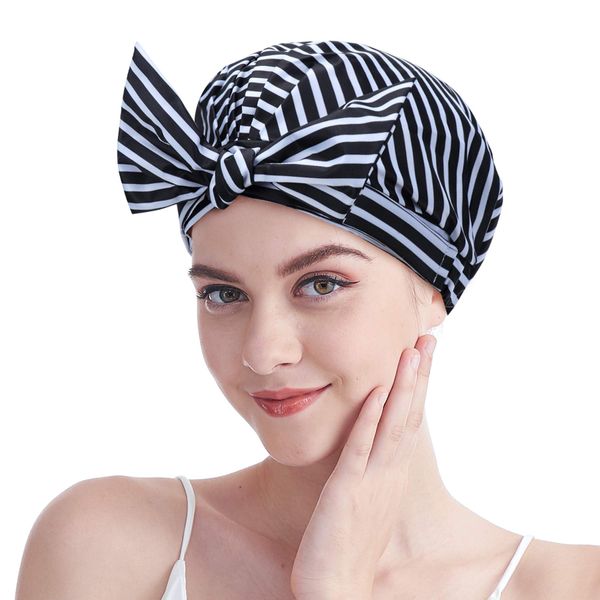 Shower Cap for Women - Waterproof Reusable Shower Hair Caps Adjustable Bow Bath Caps with Elastic Band for Ladies Girls Bathing Spa(Black+White)