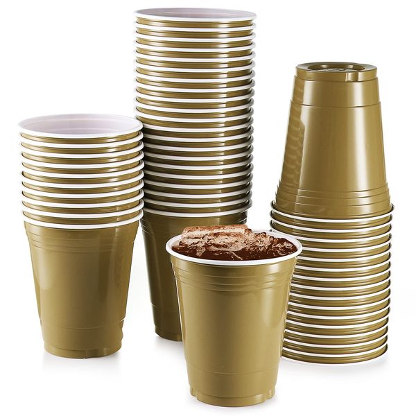 StarMar [Chefcity] 50 Pack - 16 Oz Disposable Gold Plastic Cups Big Party Cup Perfect For Birthday Party's Tableware