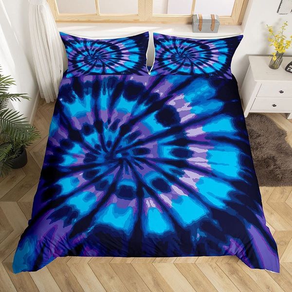 Purple Tie Dye Bedding Set Blue Tie Dye Bedding Duvet Cover Spiral Tie Dyed Printed Bed Comforter Cover Set,Boho Bohemian Hippie Bedding Sets Full Size Abstract Printed Quilt Cover Set with Zipper